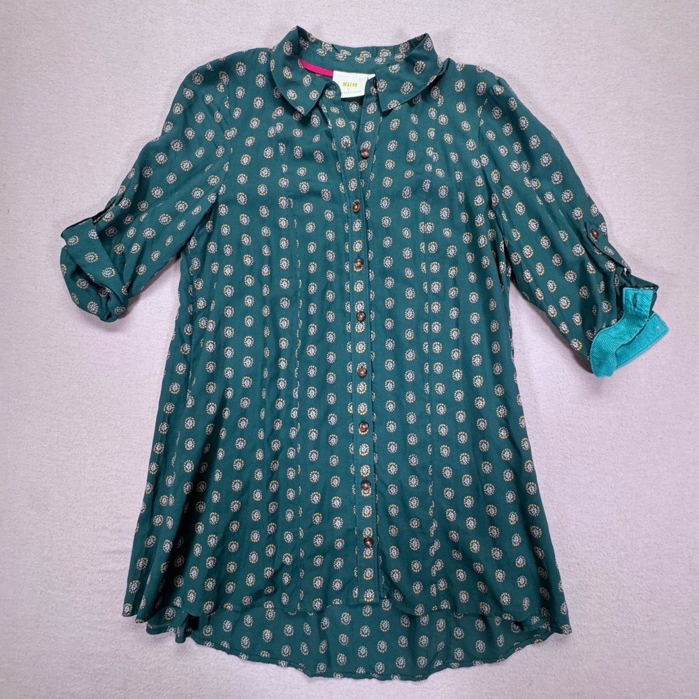 Maeve Anthropologie Teal Medallion Print Modal Roll‎ Tab Tunic Dress Womens M